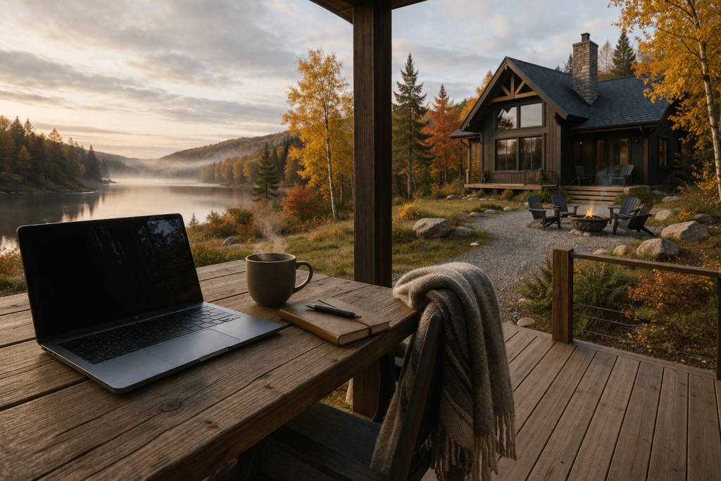 Chalet au bord d’un lac au Québec avec espace de travail extérieur, idéal pour un séjour en semaine en télétravail