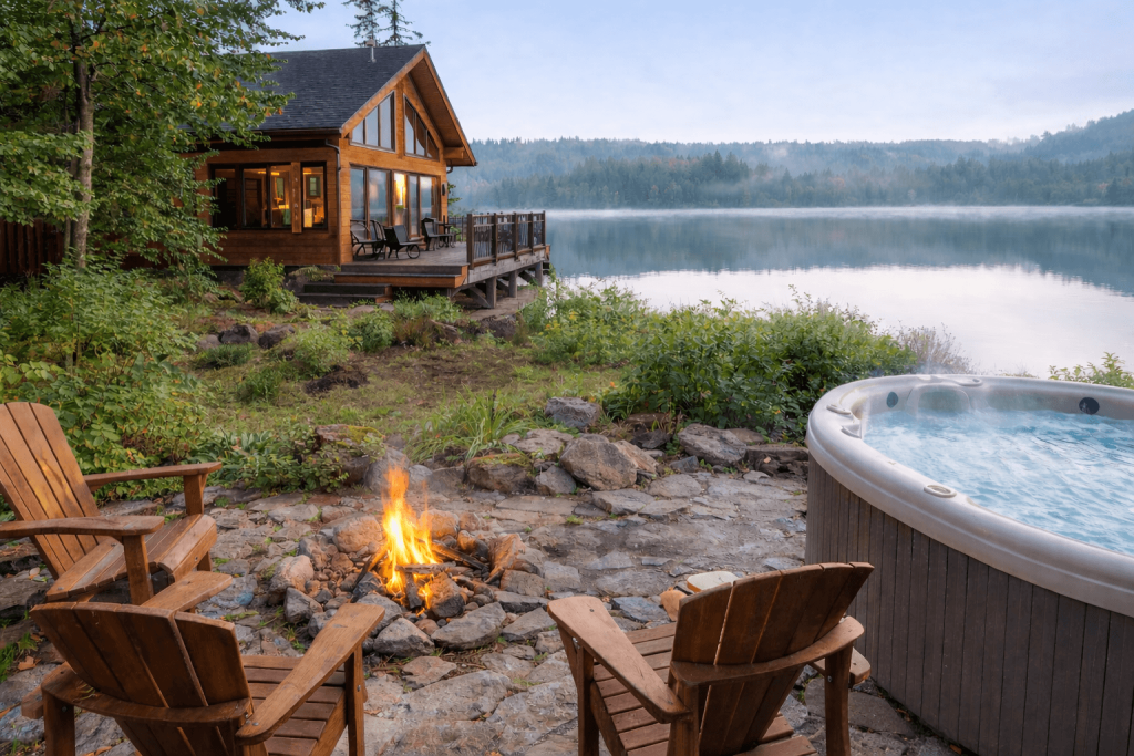 Chalet en location au bord d’un lac avec spa extérieur et foyer aménagé en pleine nature