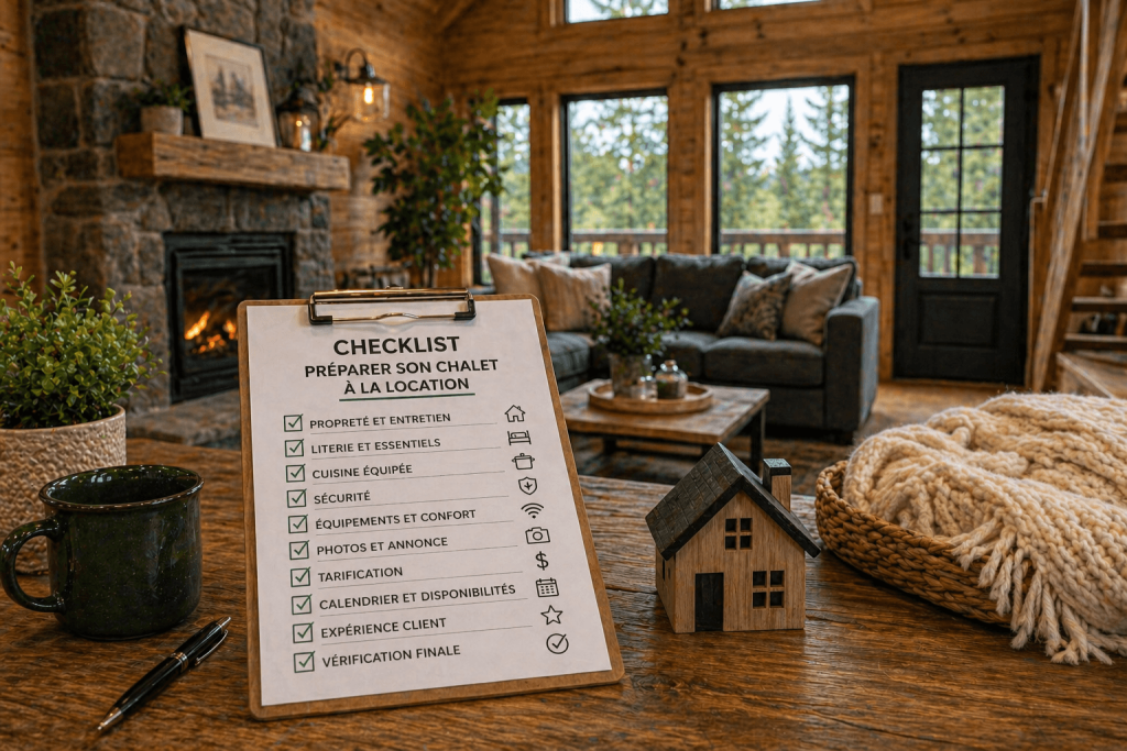 Checklist pour préparer un chalet à la location posée sur une table dans un chalet en bois chaleureux avec foyer