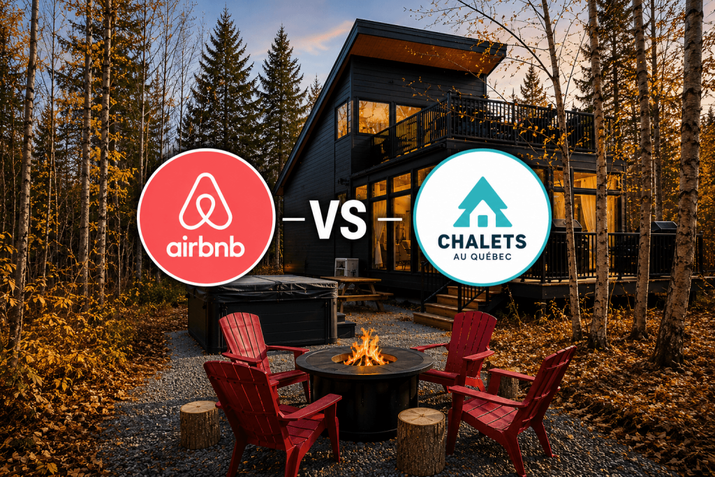 Comparatif Airbnb versus Chalets au Québec devant un chalet locatif moderne avec spa et espace feu extérieur en forêt