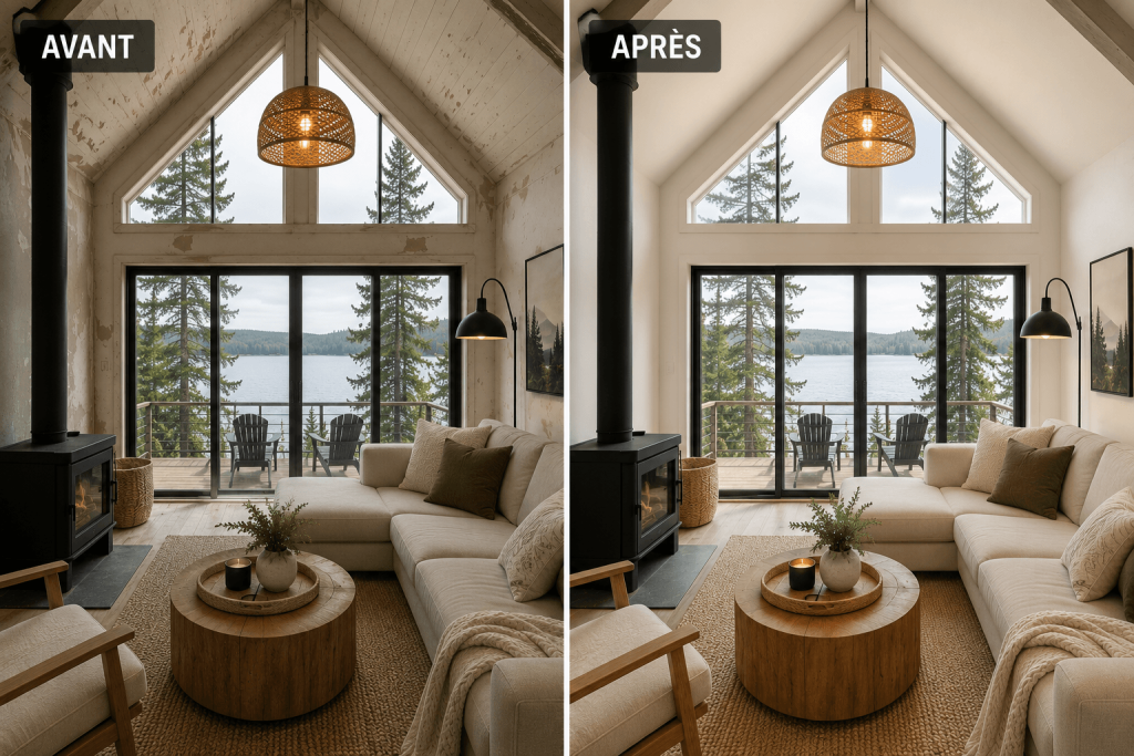 Comparaison avant-après d’un chalet locatif : même salon avec murs usés avant rénovation puis intérieur lumineux et fraîchement repeint après travaux