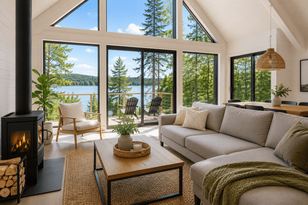 Salon lumineux de chalet scandinave moderne avec foyer, grandes fenêtres et vue sur le lac