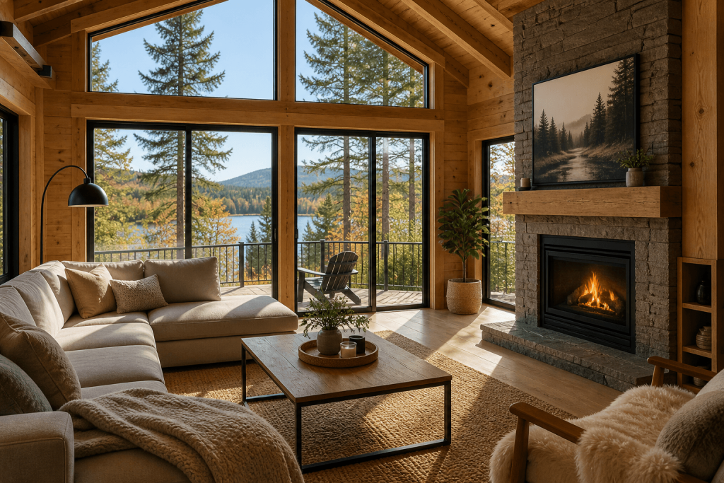 Intérieur lumineux de chalet en bois avec grandes fenêtres, salon moderne et vue sur la nature