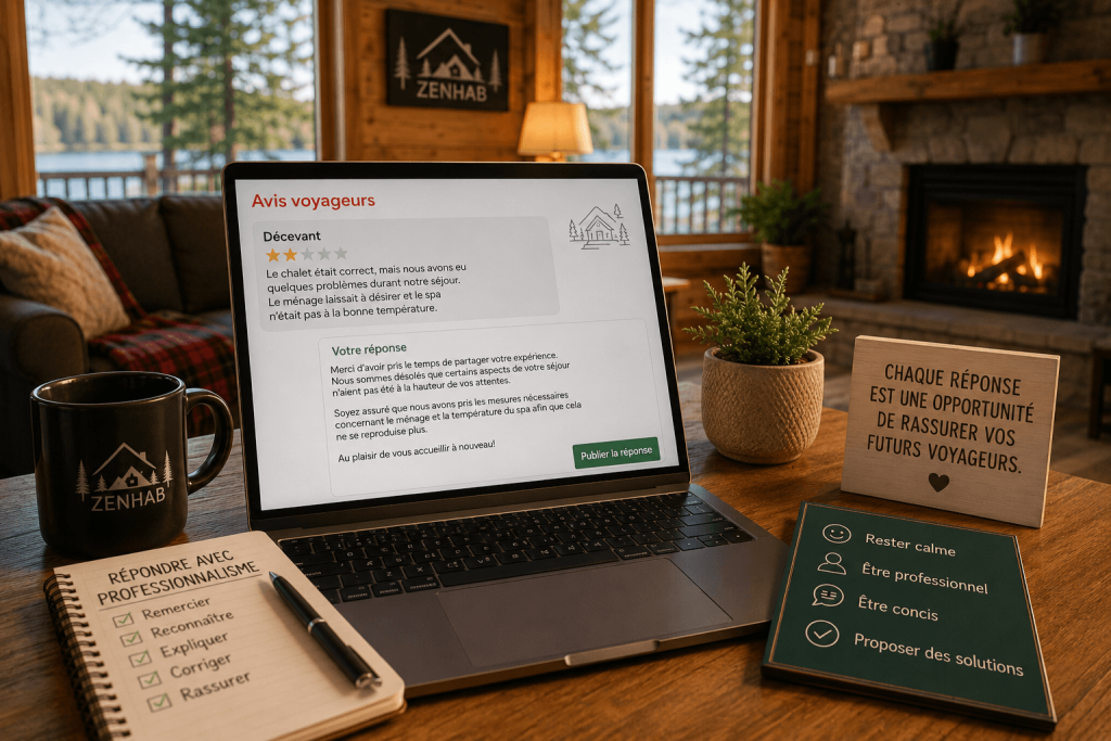 Propriétaire de chalet répondant à un commentaire négatif sur son ordinateur dans un chalet chaleureux avec foyer, illustrant la gestion de la réputation d’un chalet locatif