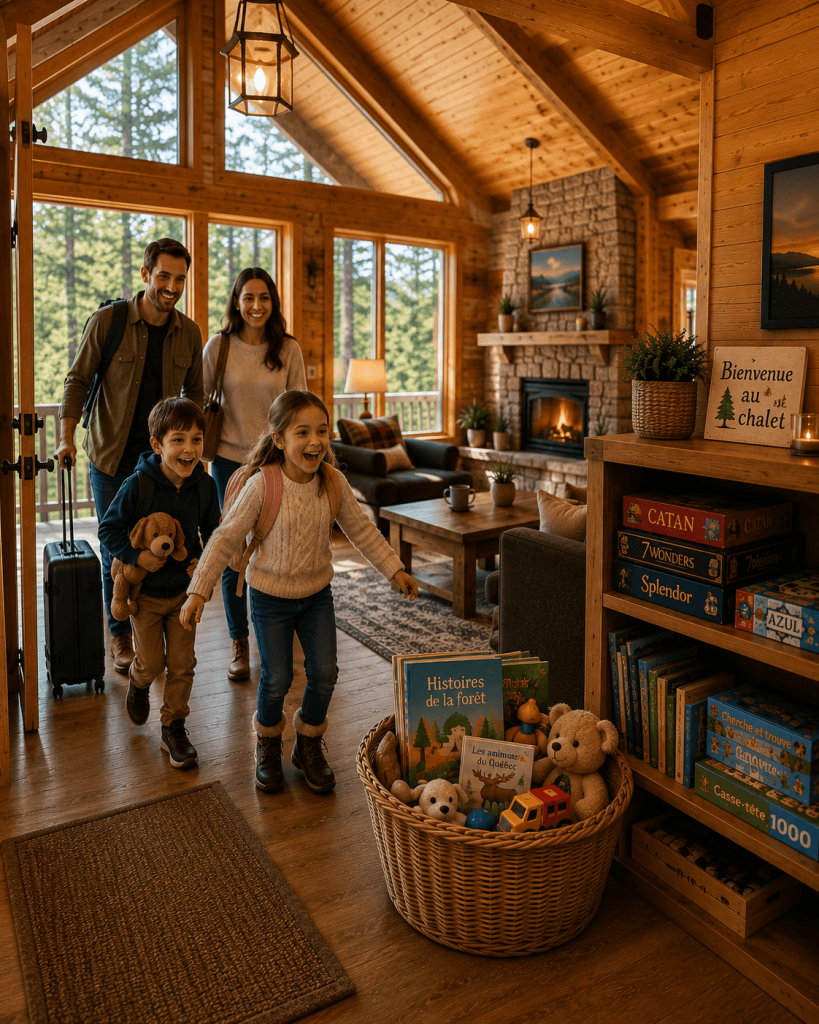 Famille arrivant dans un chalet locatif chaleureux avec foyer, jeux de société, livres et jouets pour enfants, illustrant une expérience accueillante pour les voyageurs en location court terme.