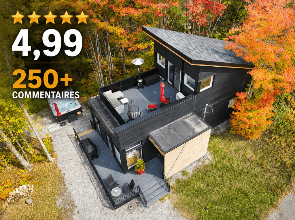 Vue aérienne de notre chalet locatif moderne illustrant l'obtention de plus de 250 commentaires avec une note moyenne de 4,99 étoiles sur Airbnb et ChaletsAuQuébec en quatre ans.