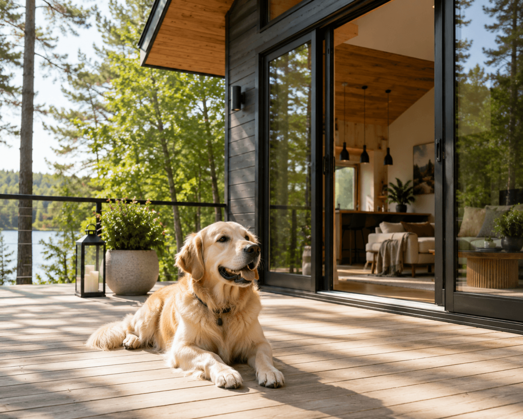 Chien sur la terrasse d’un chalet locatif acceptant les animaux, entouré de nature.