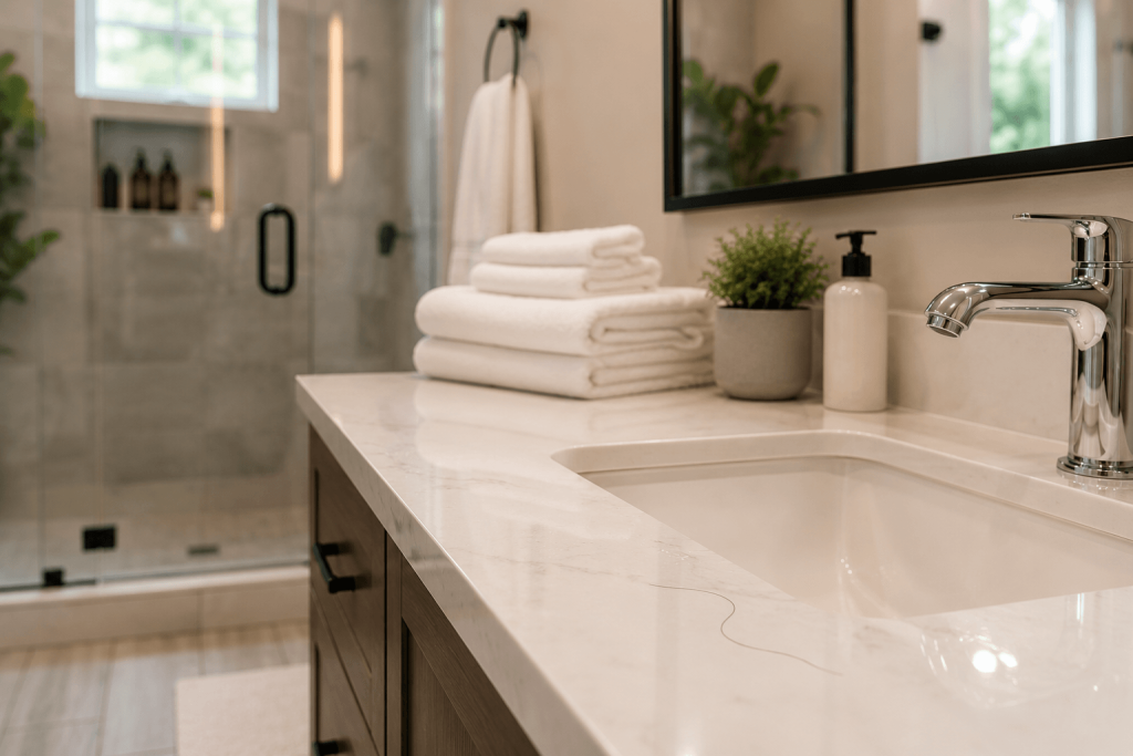 Salle de bain moderne et propre d’un chalet locatif avec un cheveu oublié sur le comptoir avant l’arrivée des voyageurs.