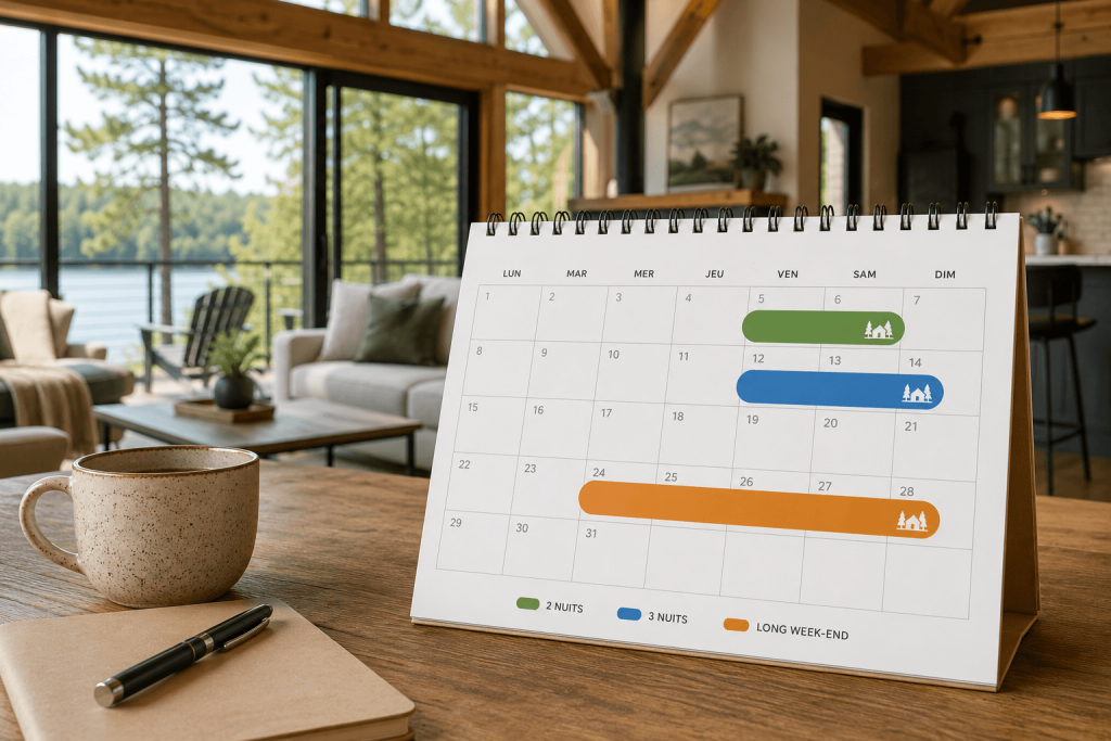 Calendrier de réservations d’un chalet locatif illustrant des séjours minimums de 2 et 3 nuits et un long week-end.