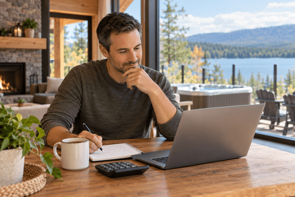 Propriétaire calculant les frais et le pourcentage de gestion de son chalet locatif au Québec